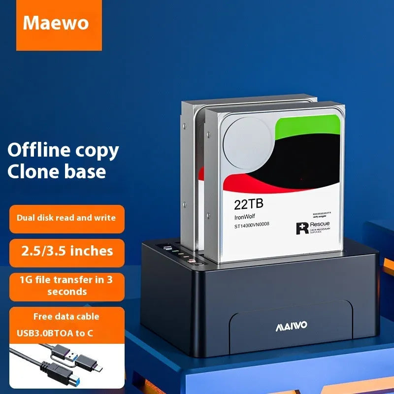 Dual-bay SATA hard disk dock and copier in ABS plastic, 152 x 109 x 62 mm, for 2.5-inch and 3.5-inch drives