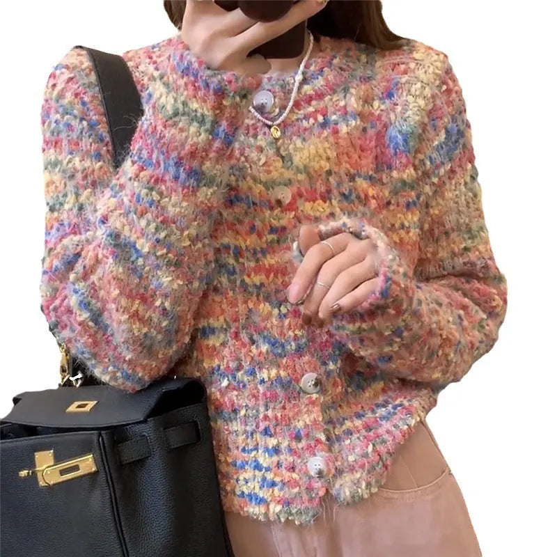Rainbow stripe knitted cardigan sweater in pink or green with retro gentle idle style