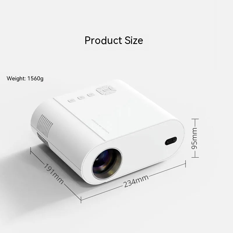 White Full HD smart projector with remote control on a table