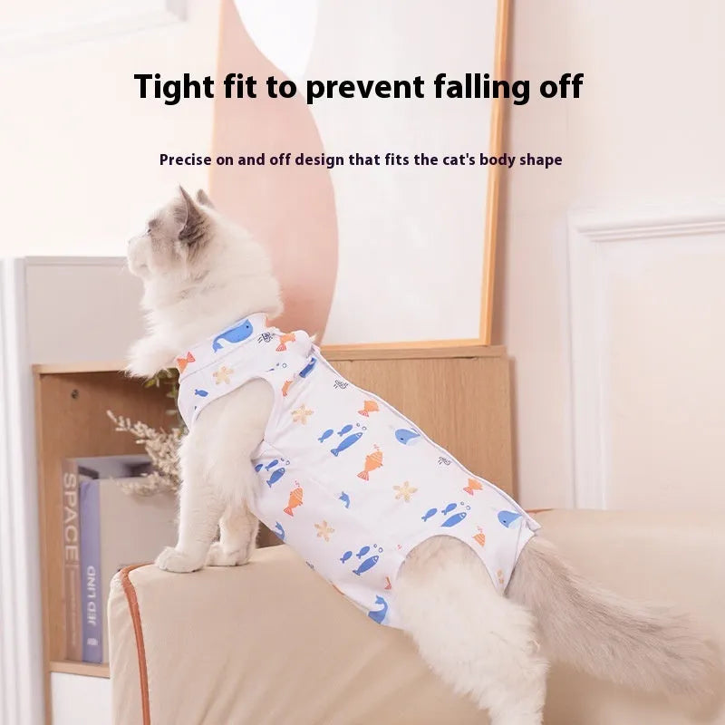 Cat wearing a blue patterned post-surgery recovery suit with velcro fastenings on its back.