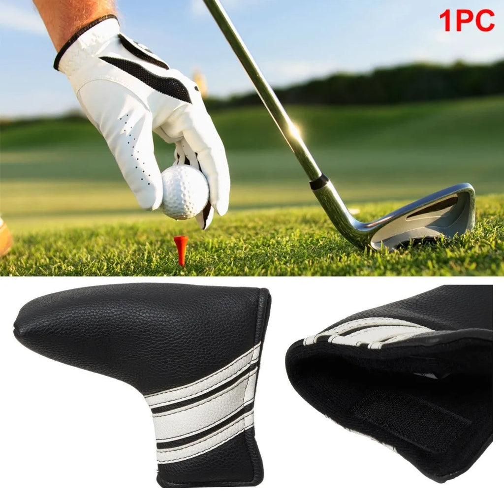 Black PU leather golf iron head cover and matching push rod sleeve case set.