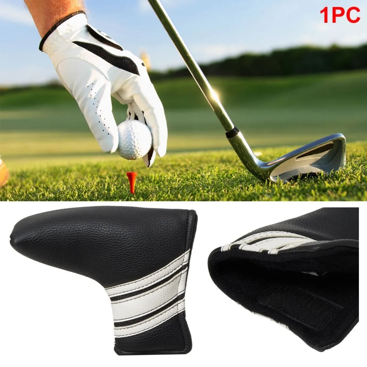 Black PU leather golf iron head cover and matching push rod sleeve case set.