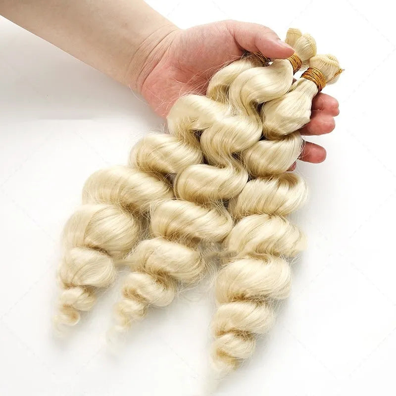 Golden synthetic hair weft wig for women shown in 18, 20, and 22 inch length options.