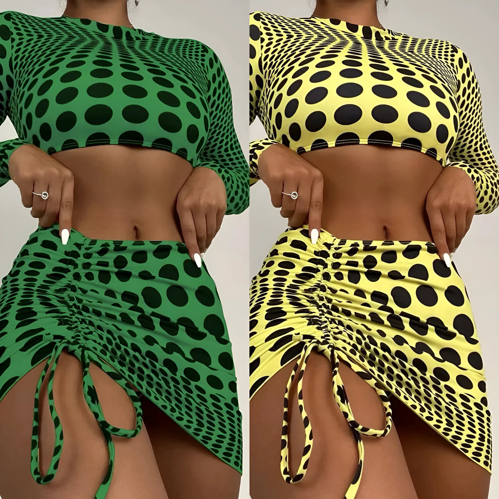 Women's green polka dot swimsuit three-piece set showing top, skirt, and bra.