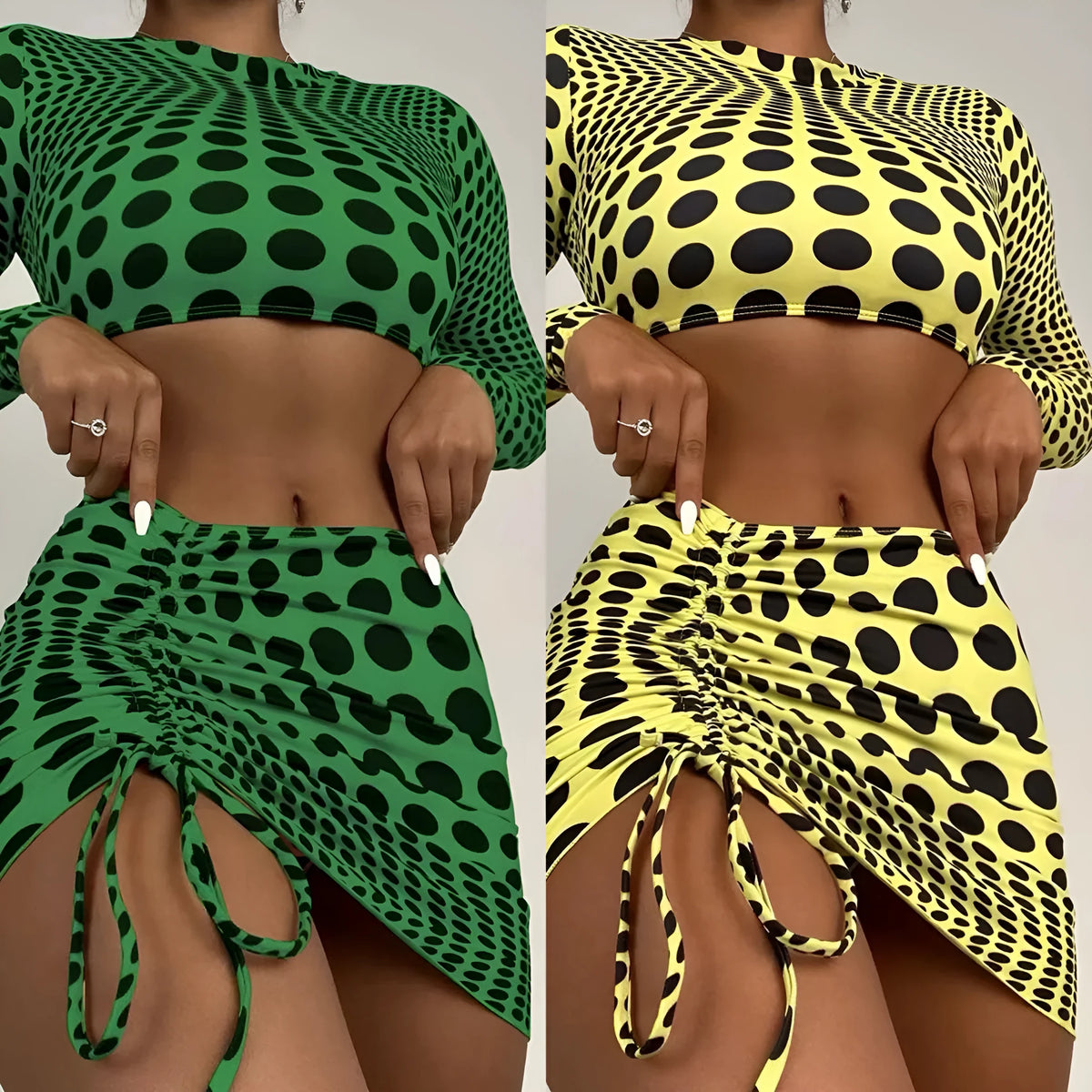 Women's green polka dot swimsuit three-piece set showing top, skirt, and bra.
