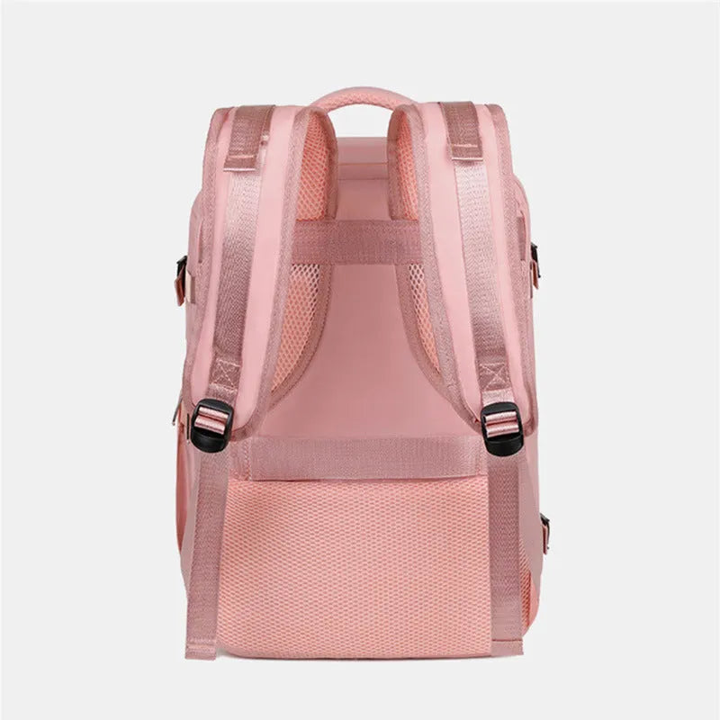 Purple waterproof travel backpack with multiple compartments showing 36-55L capacity