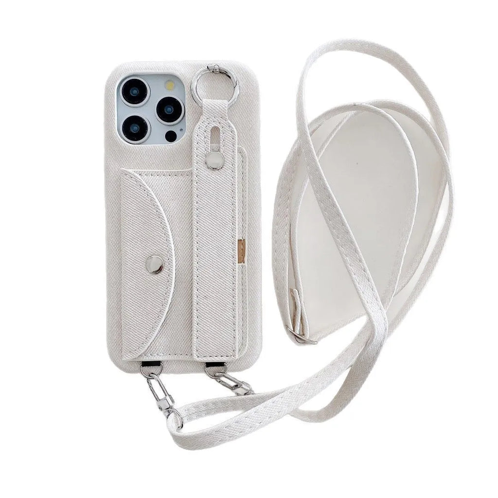 Denim pattern feilin phone case with wrist strap and crossbody bag for iPhone, in blue or white.