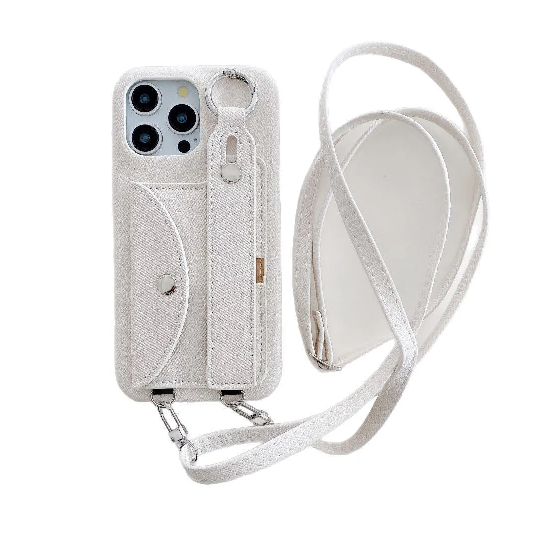 Denim pattern feilin phone case with wrist strap and crossbody bag for iPhone, in blue or white.