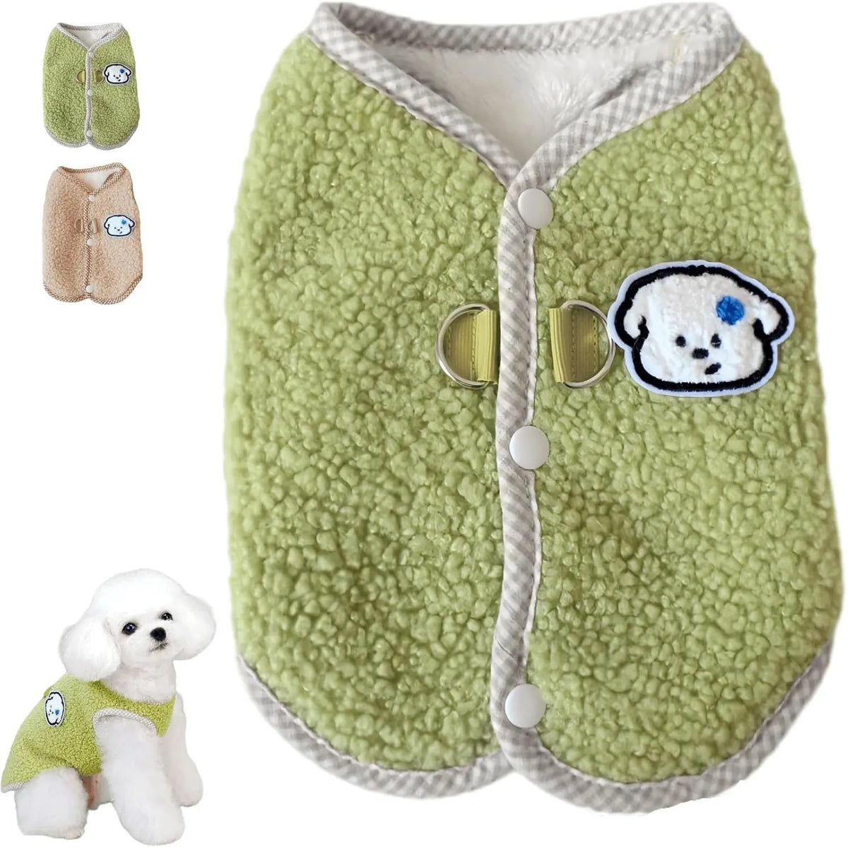 Green thickened coral fleece dog sweatshirt vest with leash ring for small pets