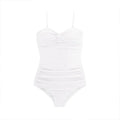 Women's black high-waisted one-piece swimsuit with adjustable shoulder straps on mannequin
