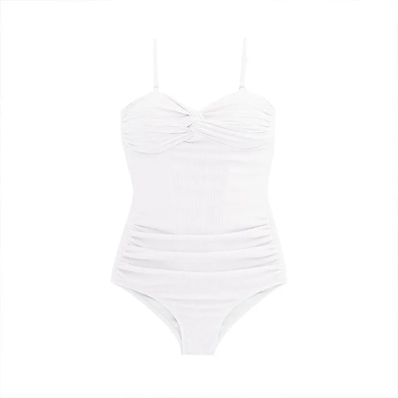 Women's black high-waisted one-piece swimsuit with adjustable shoulder straps on mannequin