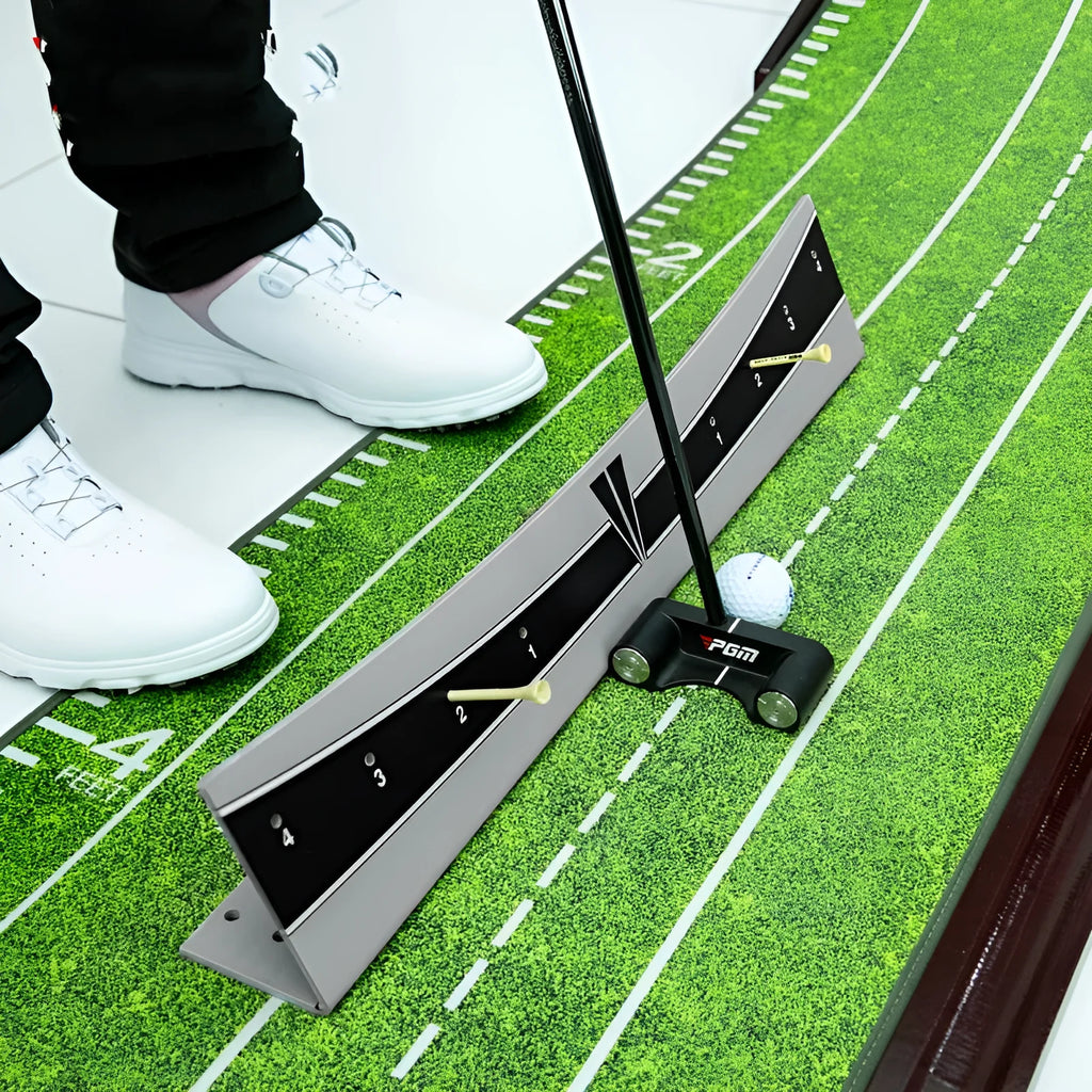 Golf putter trajectory balance simulator with adjustable push rod on PVC base