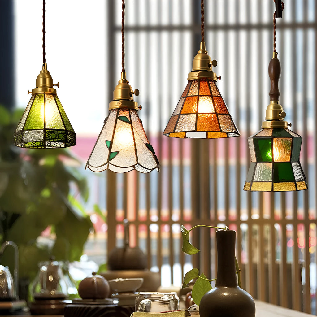 Japanese retro brass and glass chandelier with hand-blown shades and hemp rope cord
