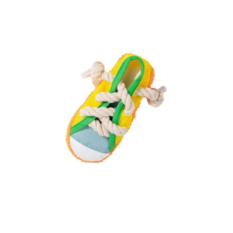 Plastic dog chew toy with bends and hitches in yellow, black or blue for molar cleaning