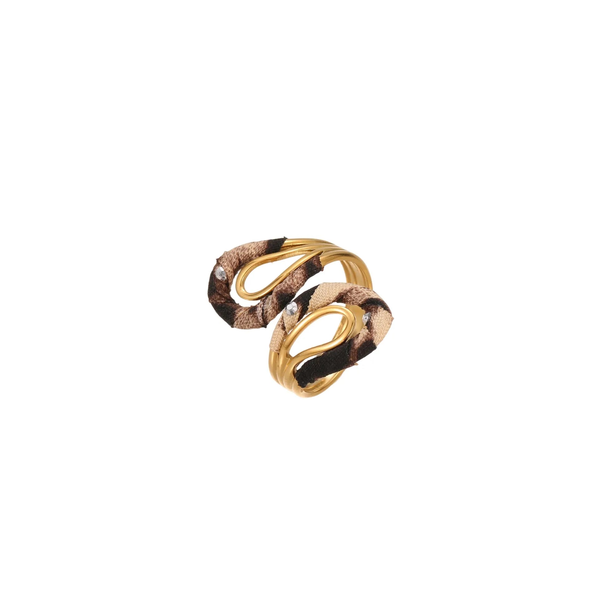 Stainless steel open mouth ring with leopard print geometric shapes in multiple colour options