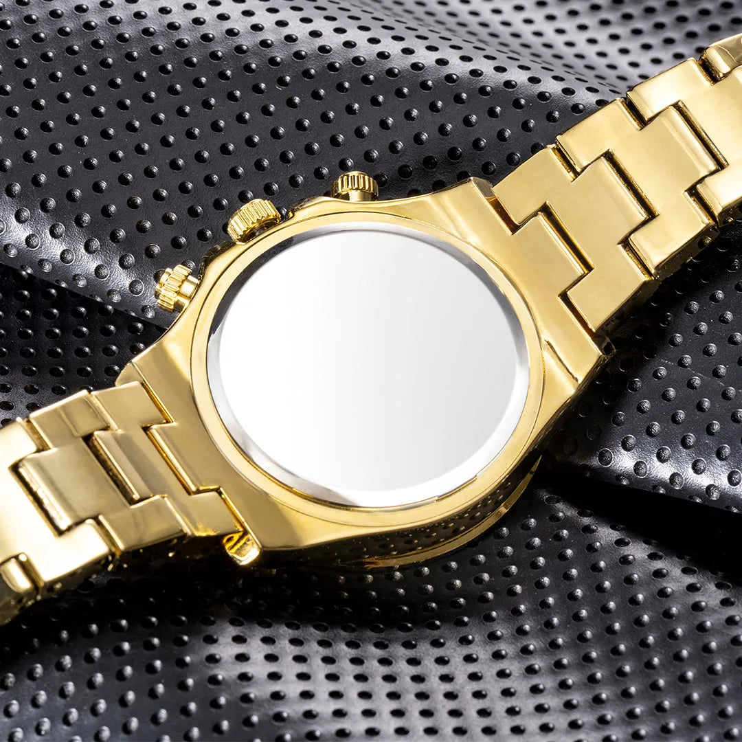 Three eyes rainbow diamond quartz watch for men with 33mm circular dial, gold colour option and 30M waterproof rating