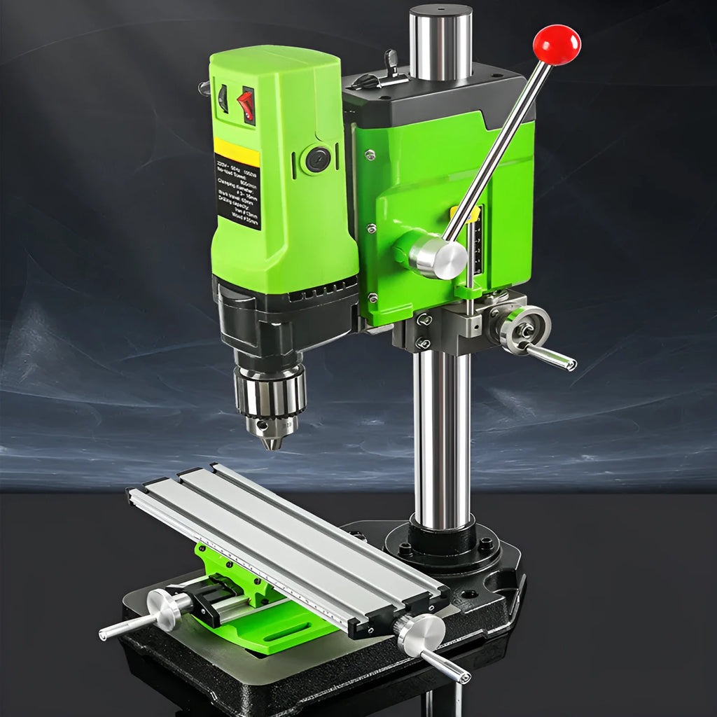 Bench drilling and milling machine with cross bench pliers and heavy duty bench pliers on a workshop table