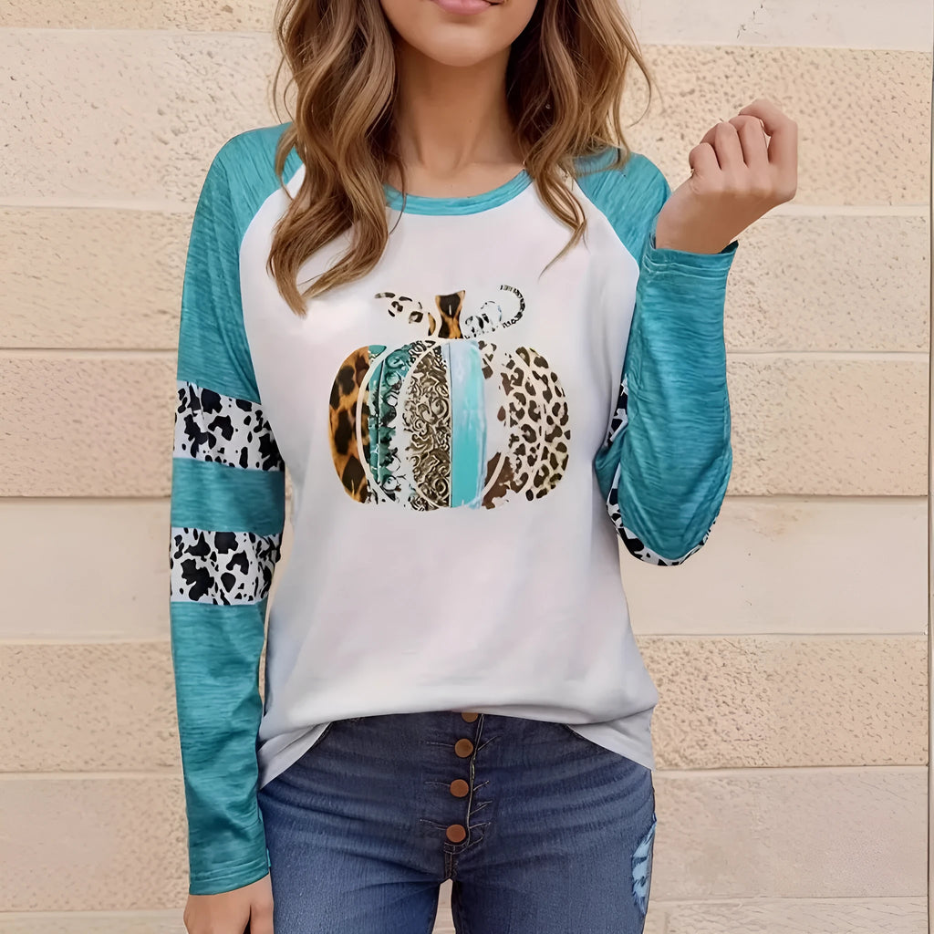 White polyester t-shirt with sky blue Halloween pumpkin digital print, long sleeves, regular fit