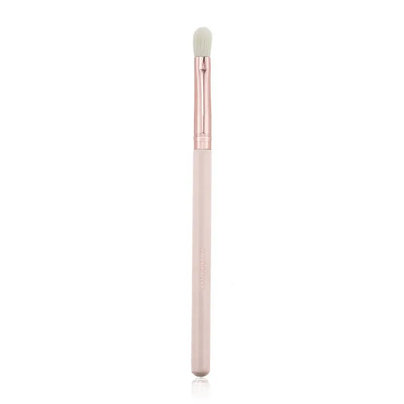 26 pink makeup brushes with wool bristles and wooden handles in storage bag