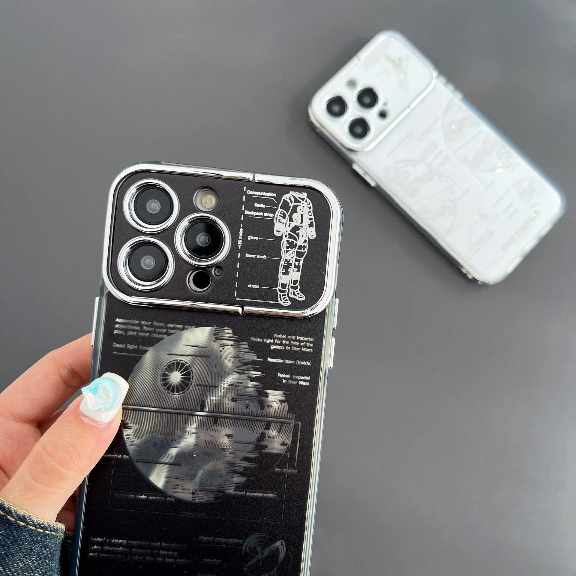 Pleated Bracket Phone Case Metal Planet for iPhone 11-14 Pro Max, two colour options shown