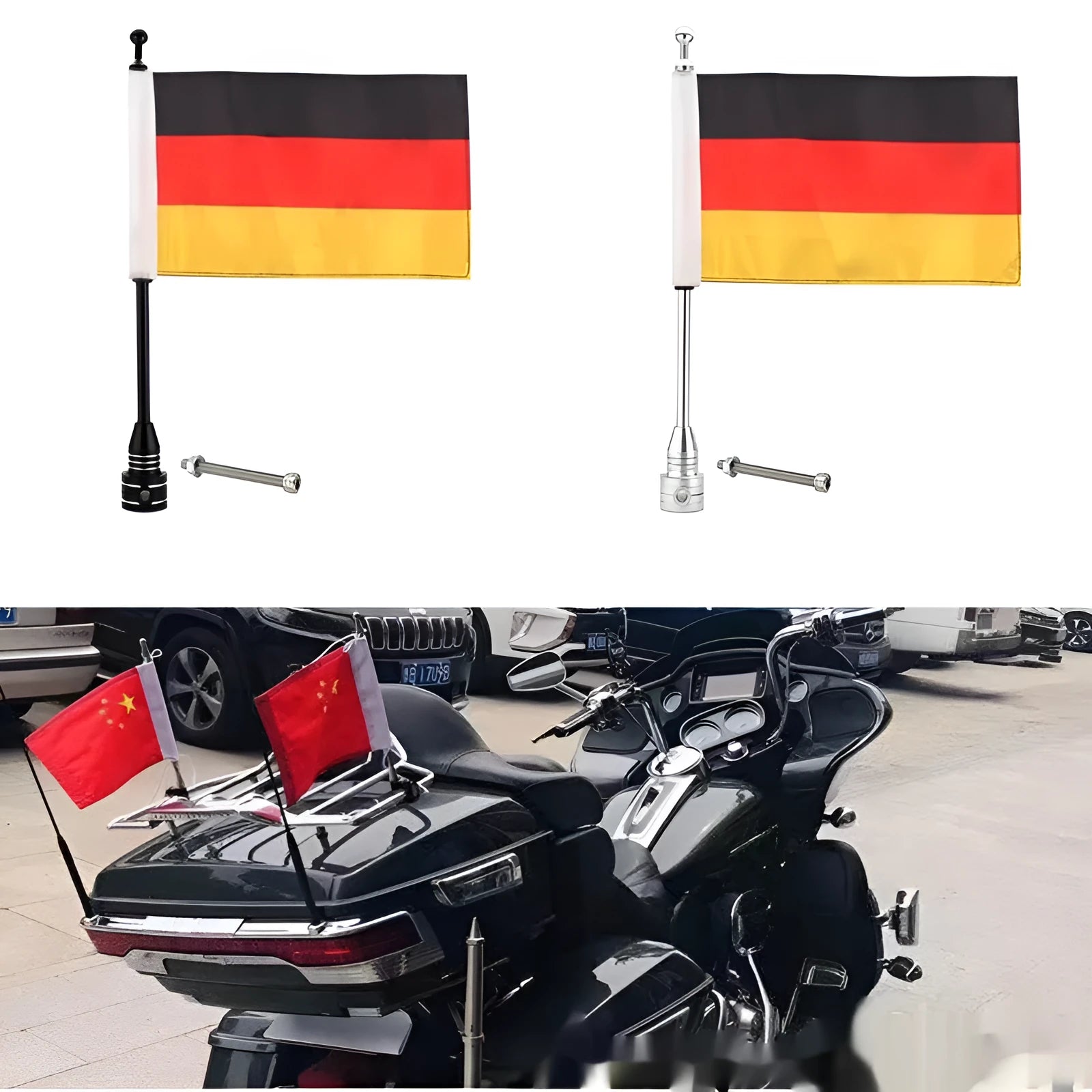 Motorcycle luggage box flagpole for mounting flags on panniers and tail boxes