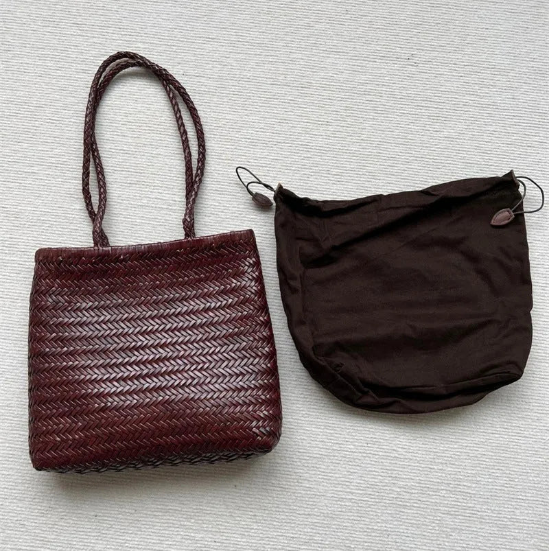 Brown handmade cowhide leather woven tote bag with three-dimensional pockets