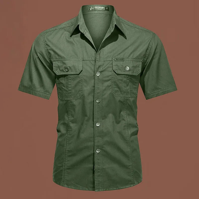 Men's loose-fit short sleeve cotton shirt in army green, laid flat showing cardigan style and non-iron fabric.
