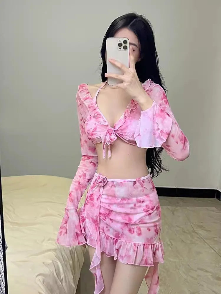 Women's floral pattern bikini swimsuit in cherry blossom powder colour