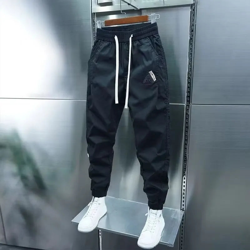 Men's ice silk leisure summer thin overalls, cropped ankle banded pants, black or gray, M-XXXL