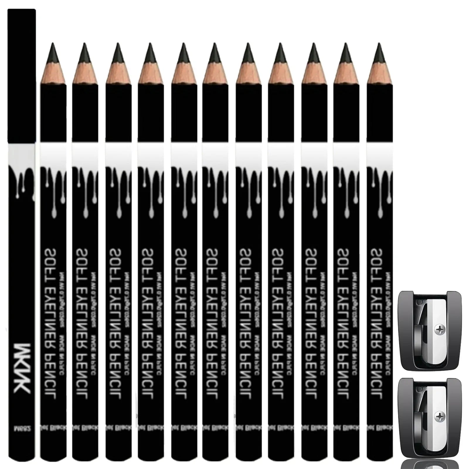12 white and black waterproof eyeliner pencils with sharpener in retractable multi-purpose makeup set
