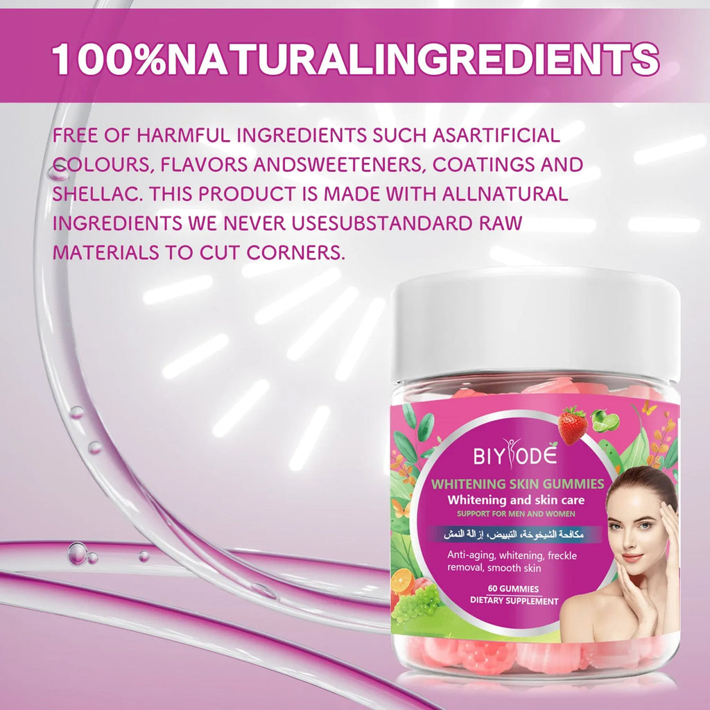 Bottle of skin whitening gummies with glutathione and collagen, 60 gummies