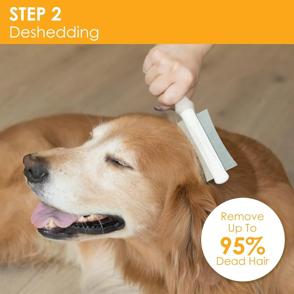 White 2 in 1 dog and cat deshedding brush with double-sided head and ergonomic handle.