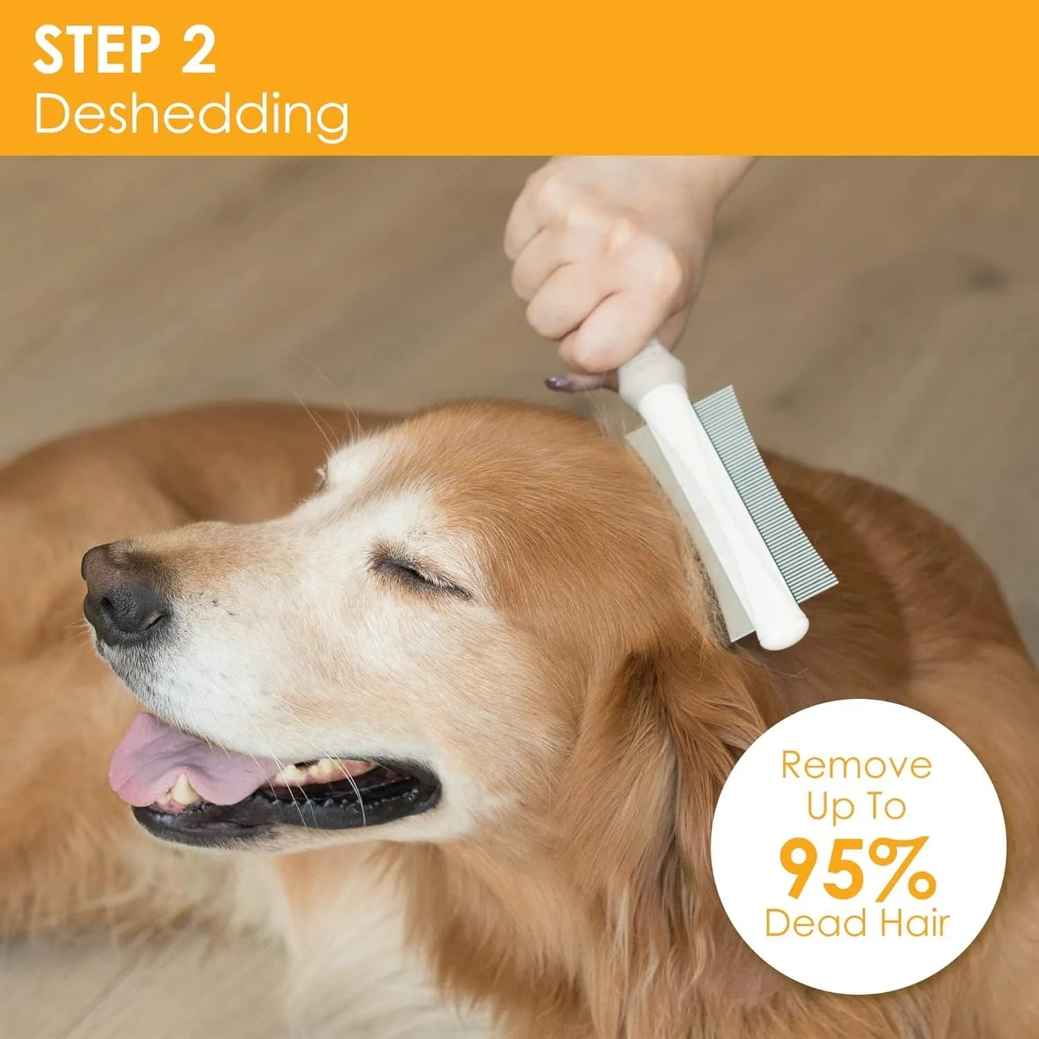 White 2 in 1 dog and cat deshedding brush with double-sided head and ergonomic handle.