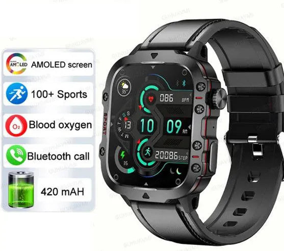 QX11 smart watch with TFT screen on wrist, showing black and khaki colour options with different strap styles.