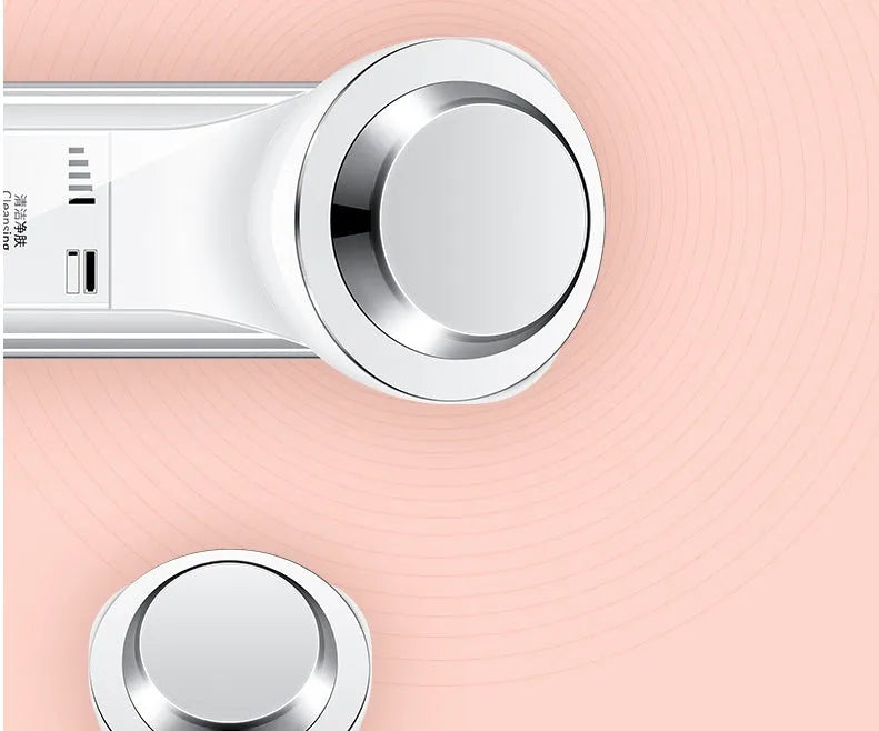 Facial cleansing instrument in pink or white, USB rechargeable, 168x46x45mm, 120g, with blackhead removal and massage functions.
