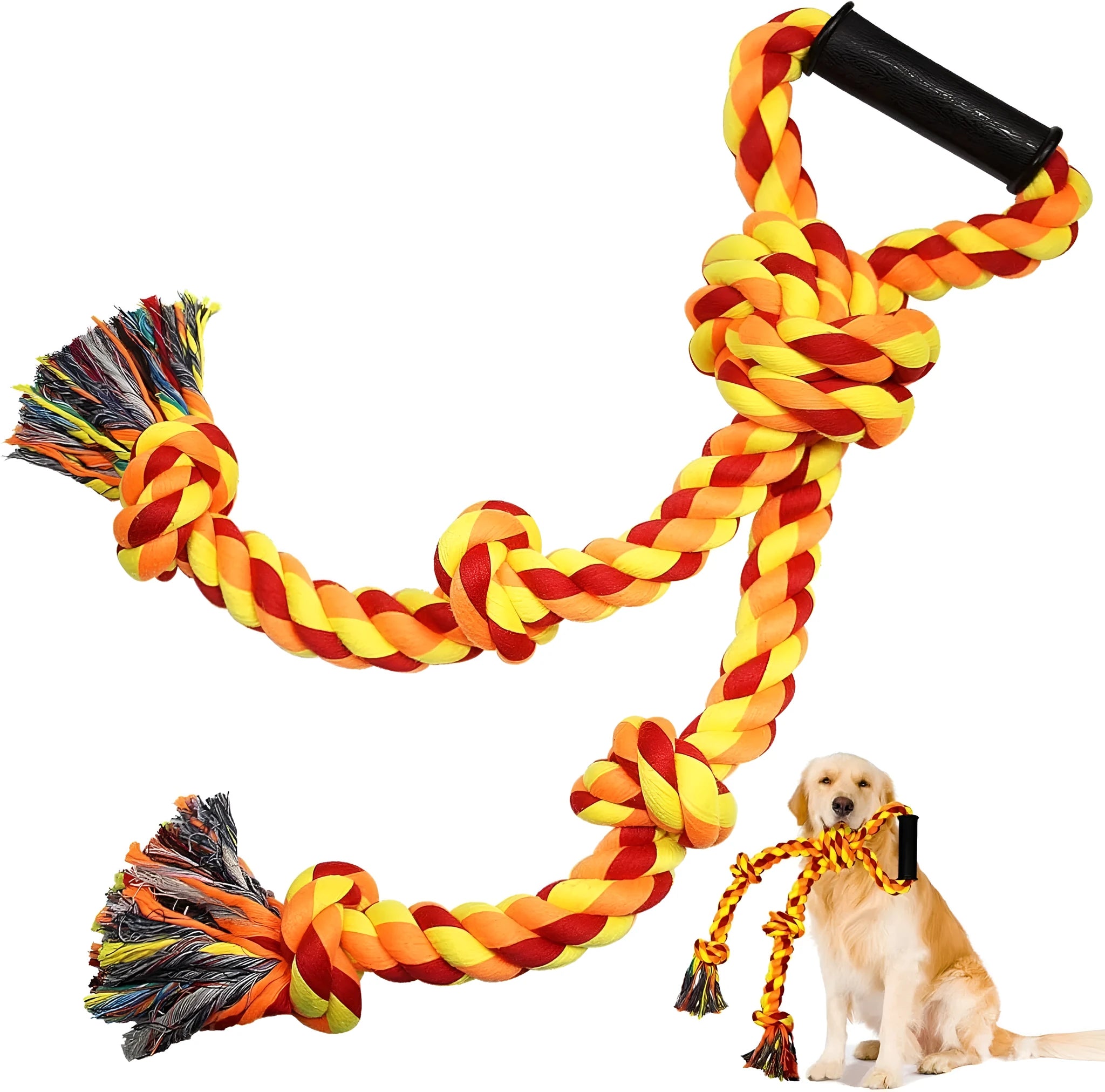 Large blue cotton dog rope toy with ergonomic handles for tug-of-war games