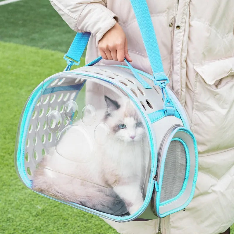 Large transparent hard EVA cat backpack carrier in violet colour showing space capsule design