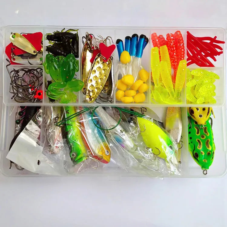 142-piece fishing lure set with metal pliers showing hard mino lures and sequin baits