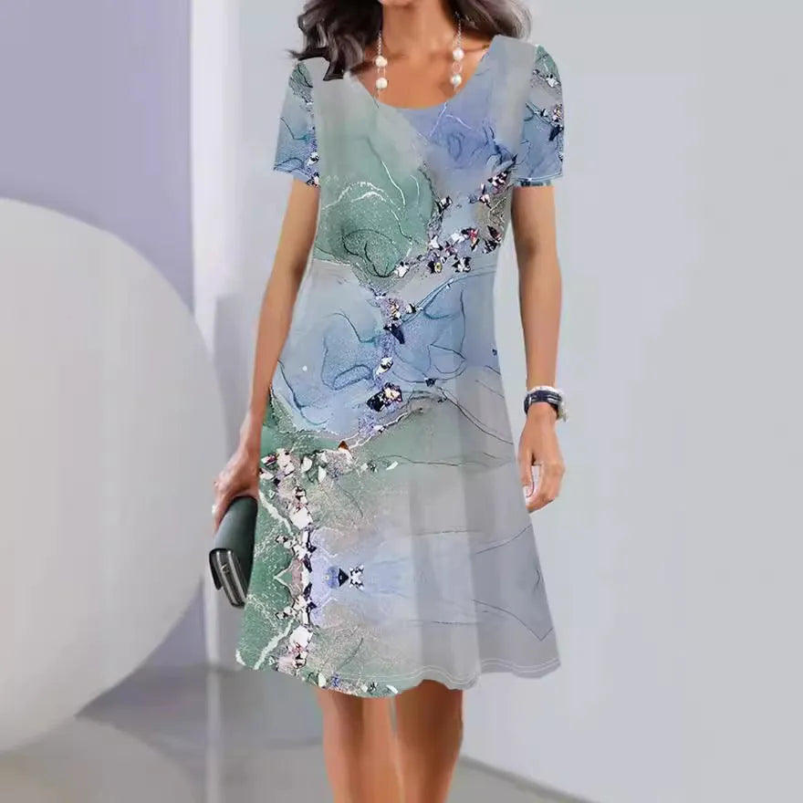 Women's floral print ice silk summer dress with short sleeves and A-line midi skirt.