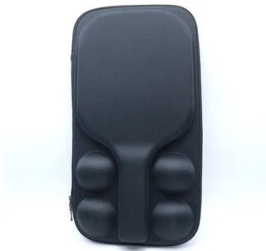 Black hard-shell EVA pickleball racket bag with double shoulder straps, shown holding one paddle and four balls.