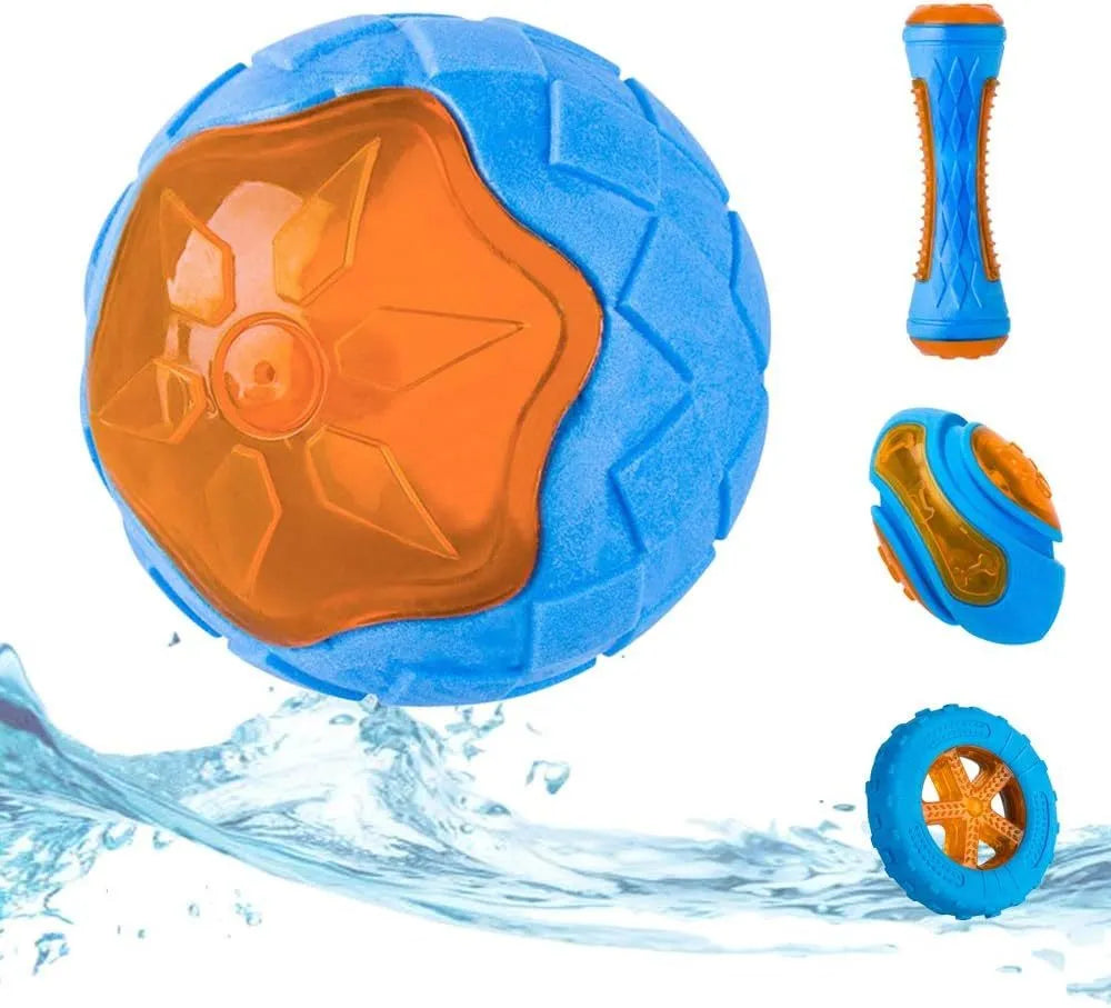 TPR squeaky dog toy set with ball, tires, and barbell floating in water