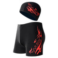 Men's patterned boxer swim trunks in plus sizes with optional swimming cap on a black background.