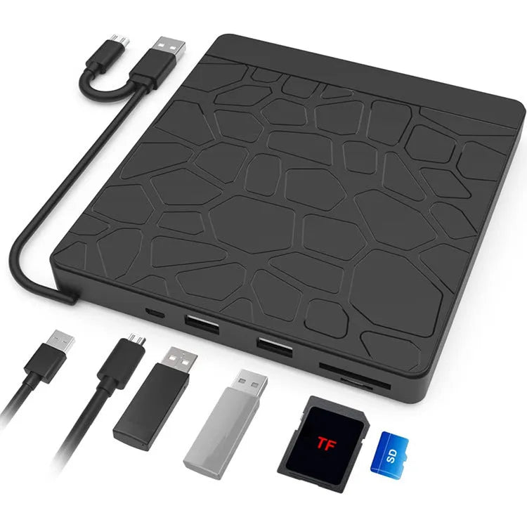 Black 5-in-1 external optical drive with dual interface, 15.4x14.3x1.8cm, for laptop and desktop CD DVD reading and recording