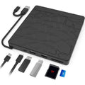 Black 5-in-1 external optical drive with dual interface, 15.4x14.3x1.8cm, for laptop and desktop CD DVD reading and recording