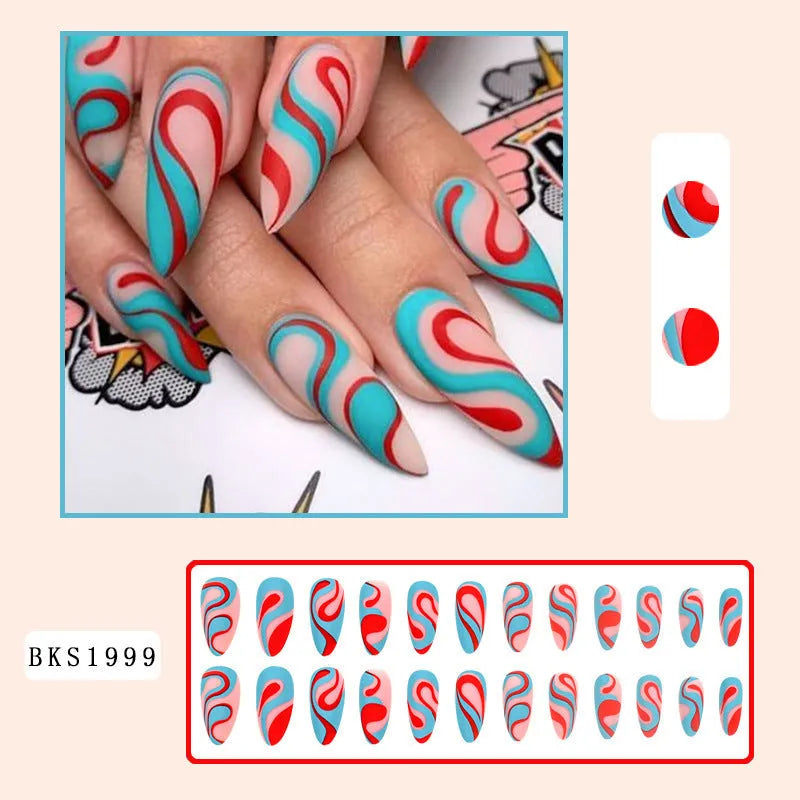 Almond-shaped rainbow nail stickers with colourful plaid design in four French colour variants