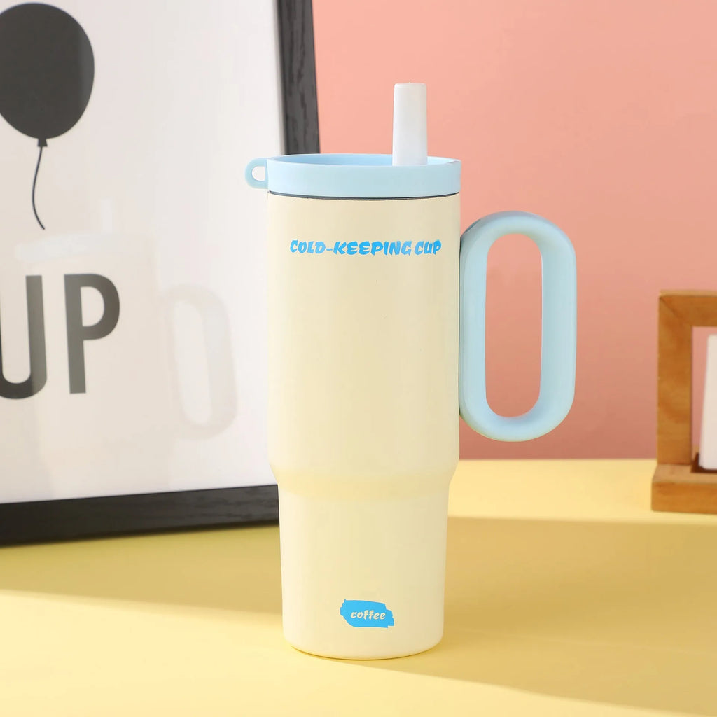 Large insulated tumbler cup with handle and screw-on straw lid
