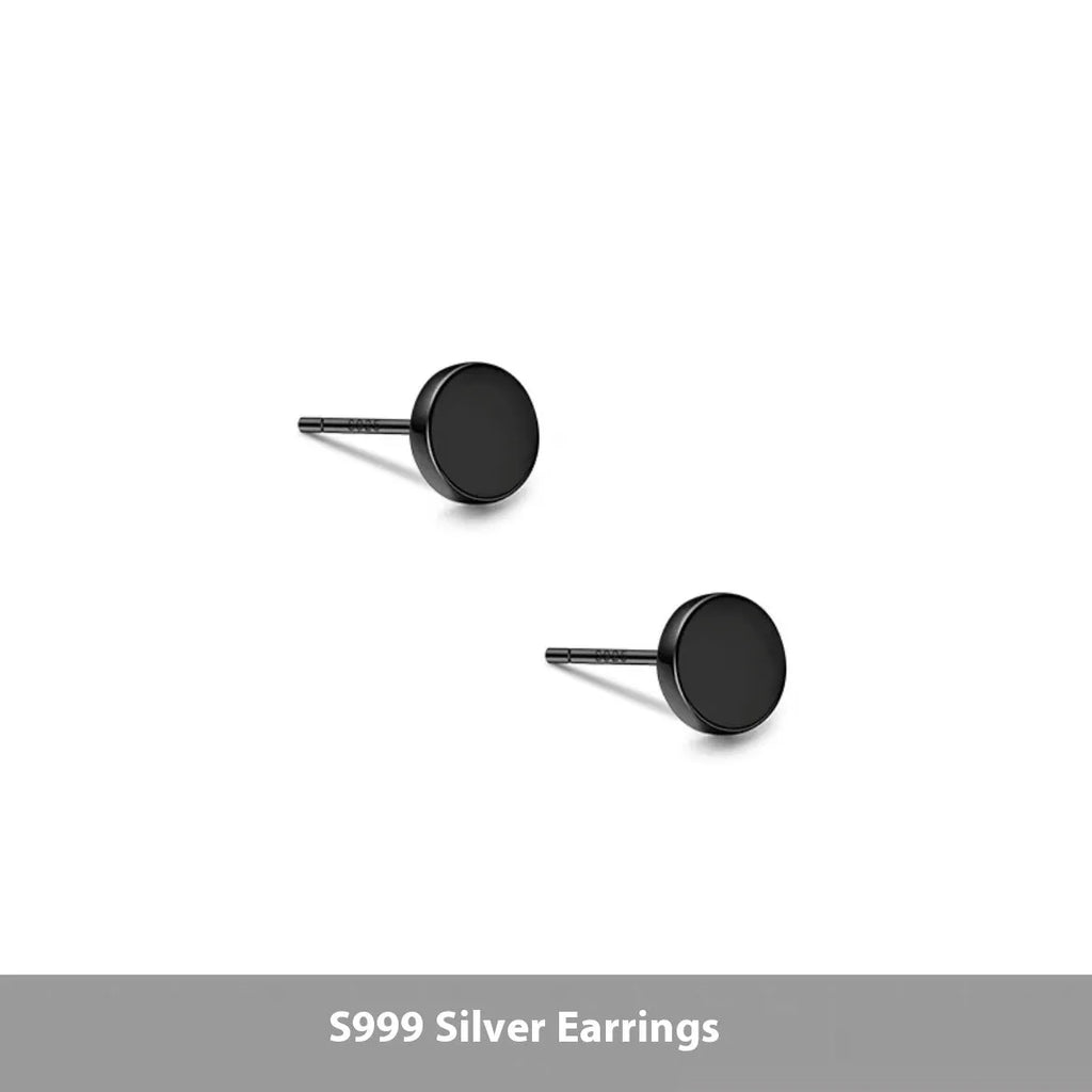 Sterling silver S999 flat bone stud earrings in geometric round shape showing silver and black colour options
