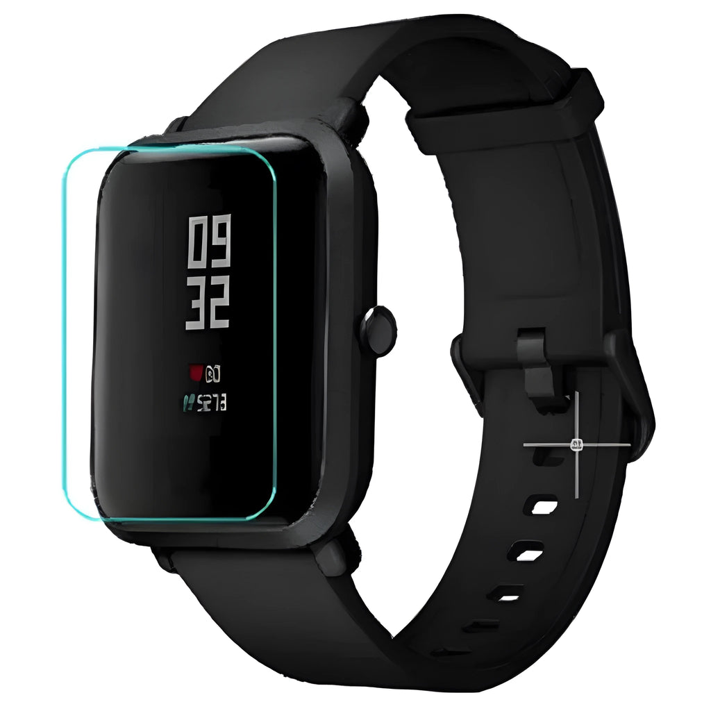 Amazfit Bip S smartwatch with clear TPU hydrogel screen protector showing anti-scratch protection