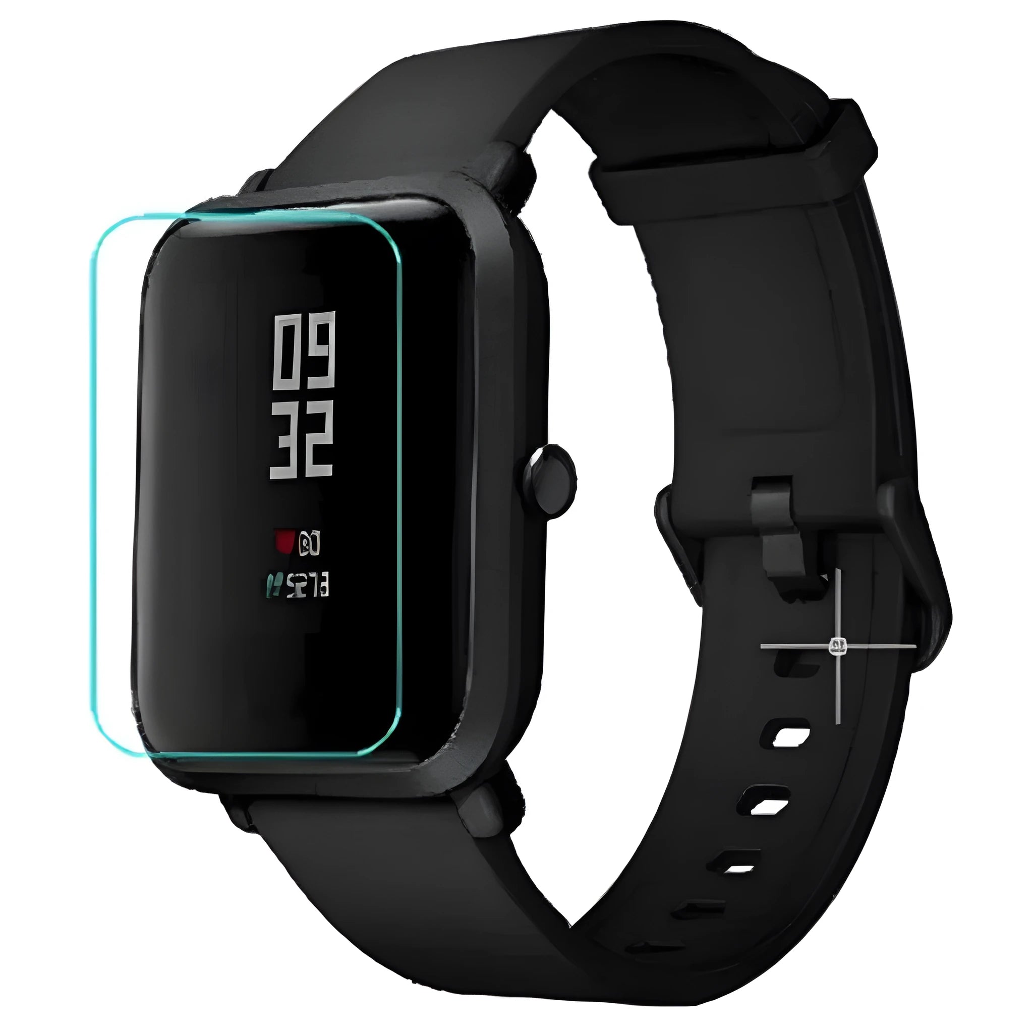 Amazfit Bip S smartwatch with clear TPU hydrogel screen protector showing anti-scratch protection