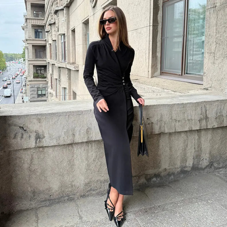 Simple all-matching black long sleeve dress for women polyester hip skirt casual wear